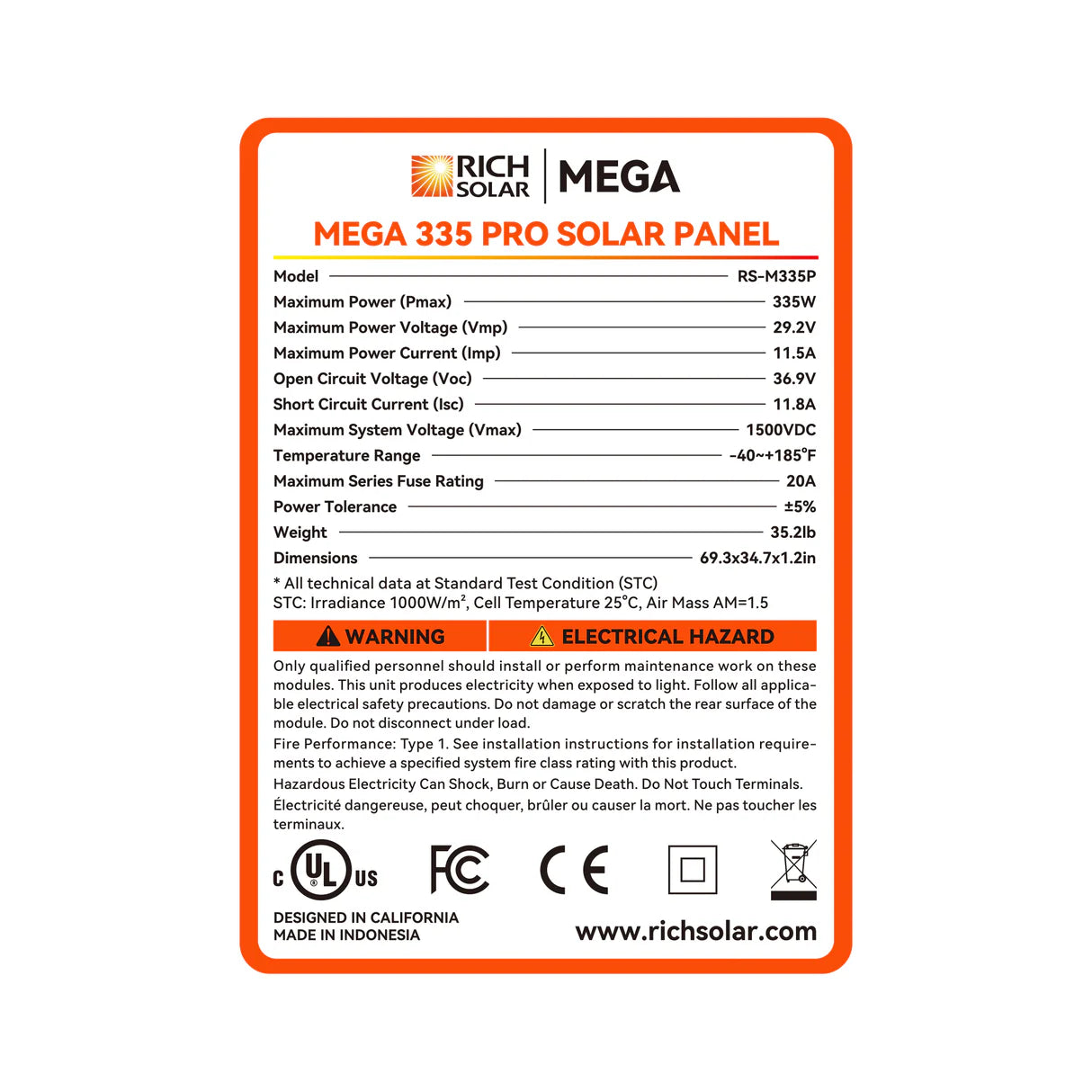 Rich Solar Mega 335 PRO | 335W Grid-Tie & Off-Grid Solar Panel | RS-M335P-8